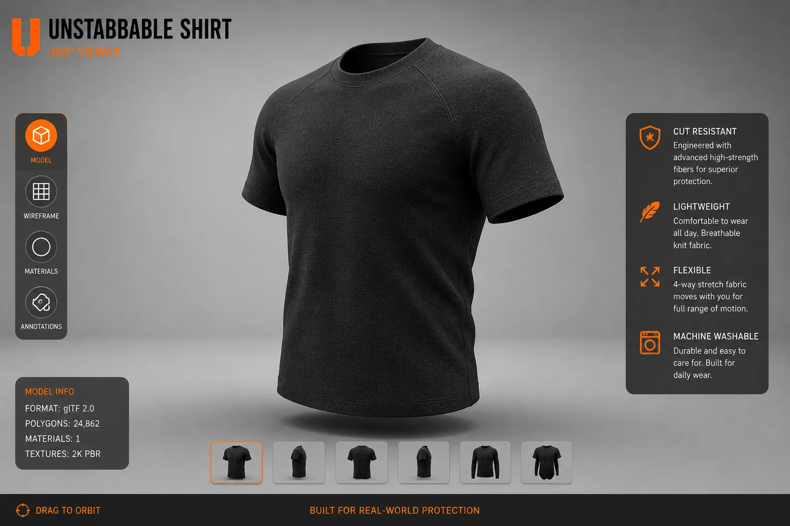 Interface study for an interactive 360° product viewer, showing the shirt from several angles next to its material properties.