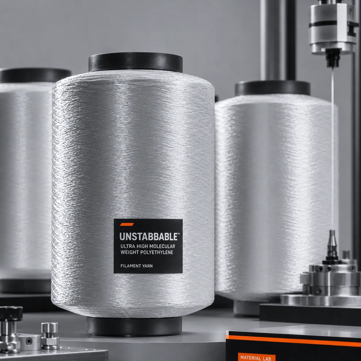 Spools of ultra-high-molecular-weight polyethylene filament yarn in a textile laboratory.