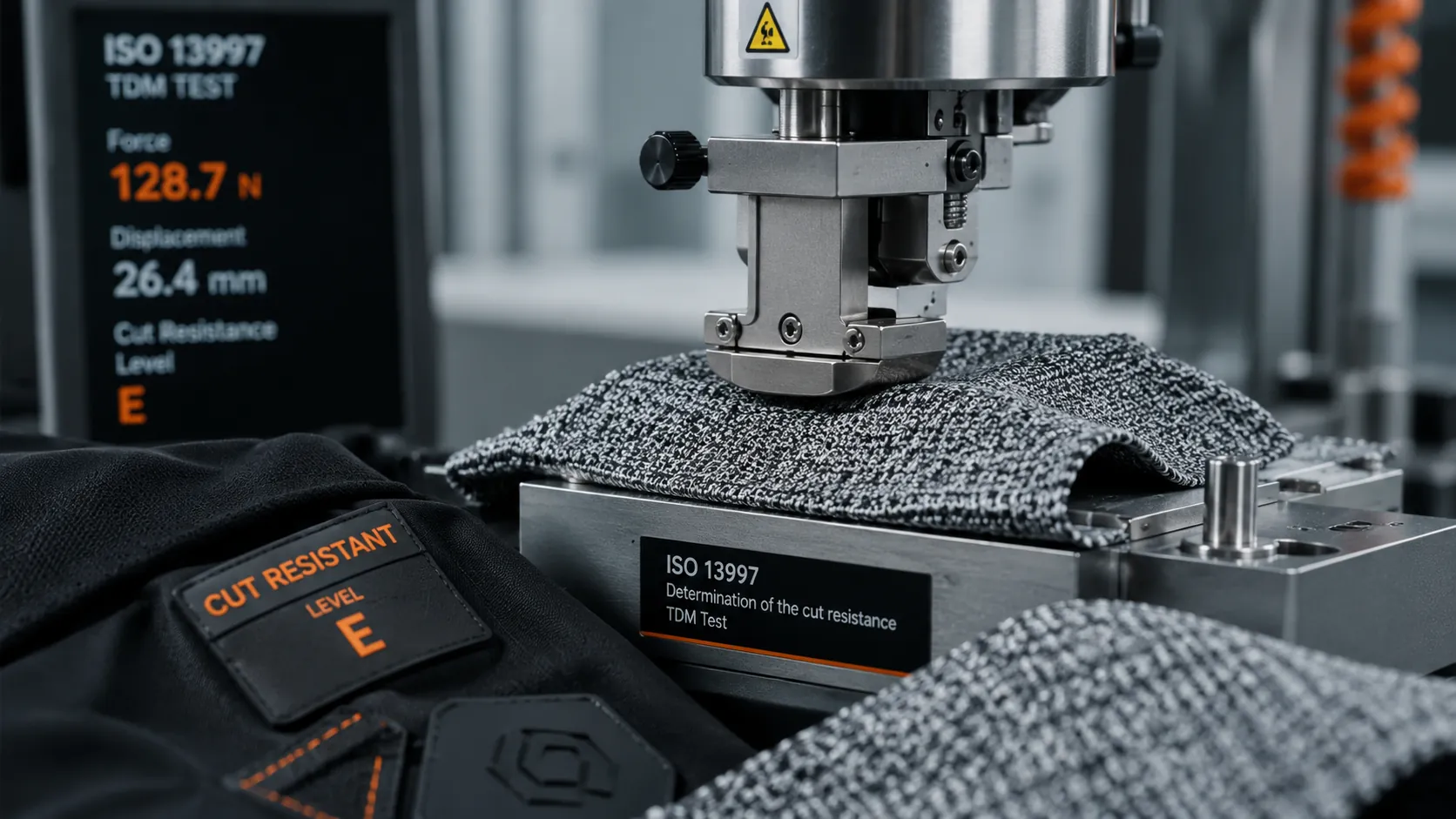 A textile testing laboratory: a TDM test head pressing into cut-resistant knit fabric next to a black garment.